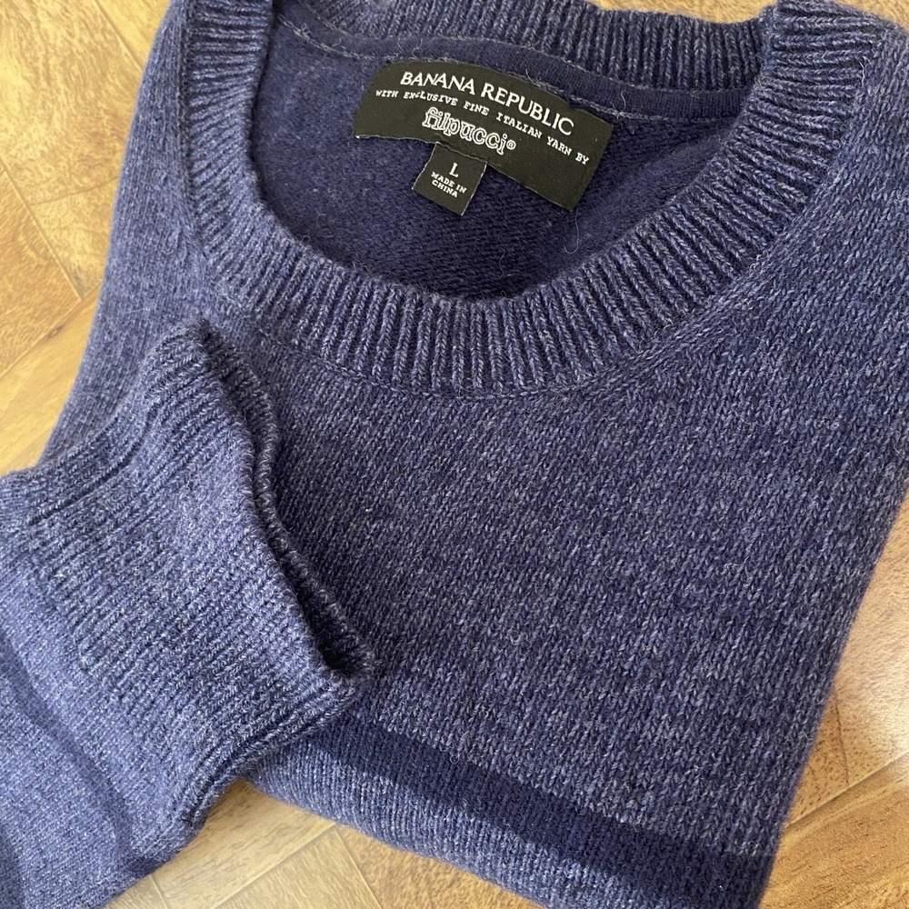 Banana Republic Sweater‎ Mens Large Wool Blend Flipucci Striped Blue Pullover